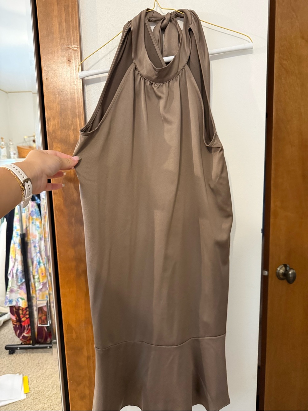 GAP Taupe Halter Midi Dress with Tie Neck